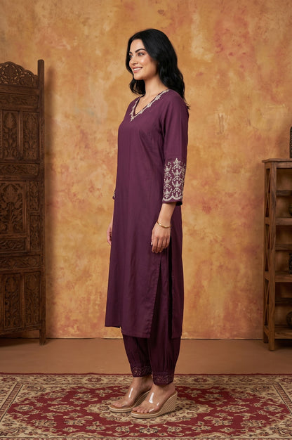 Purple Embroidered Straight Kurta