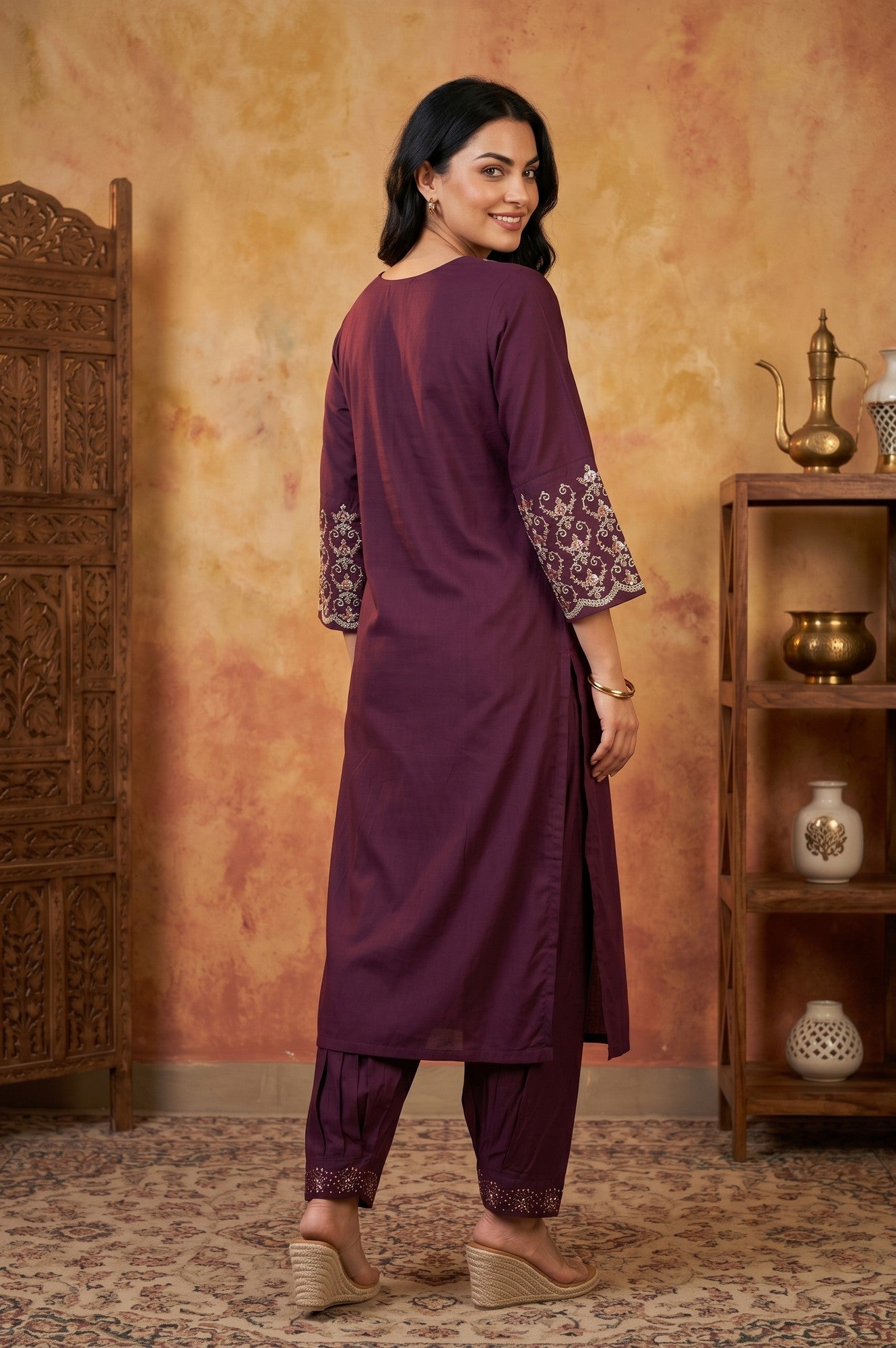 Purple Embroidered Straight Kurta