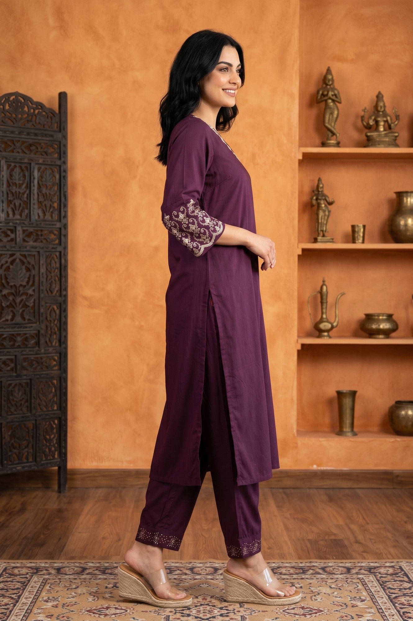 Purple Embroidered Straight Kurta