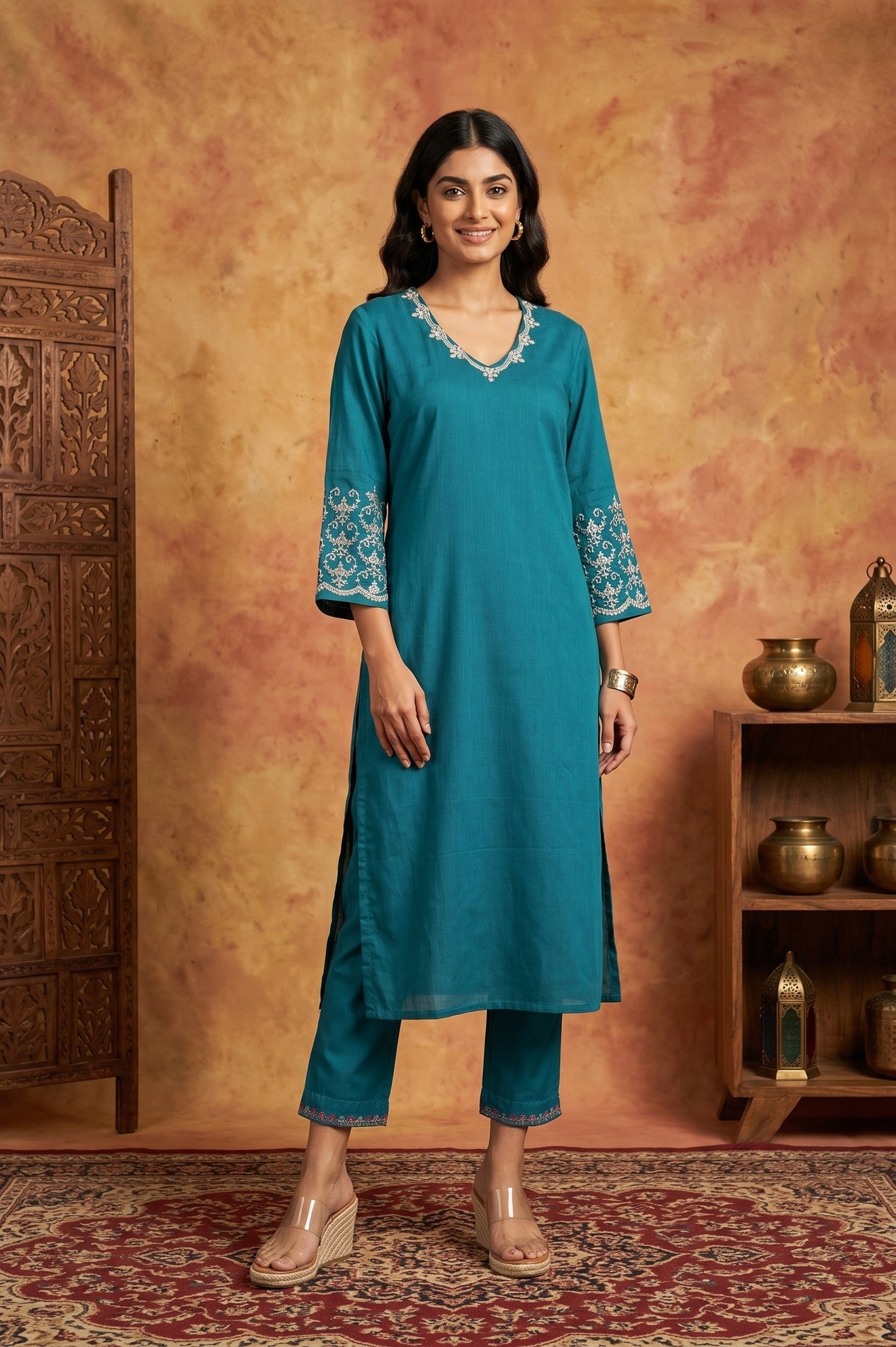 Teal Embroidered Straight Kurta