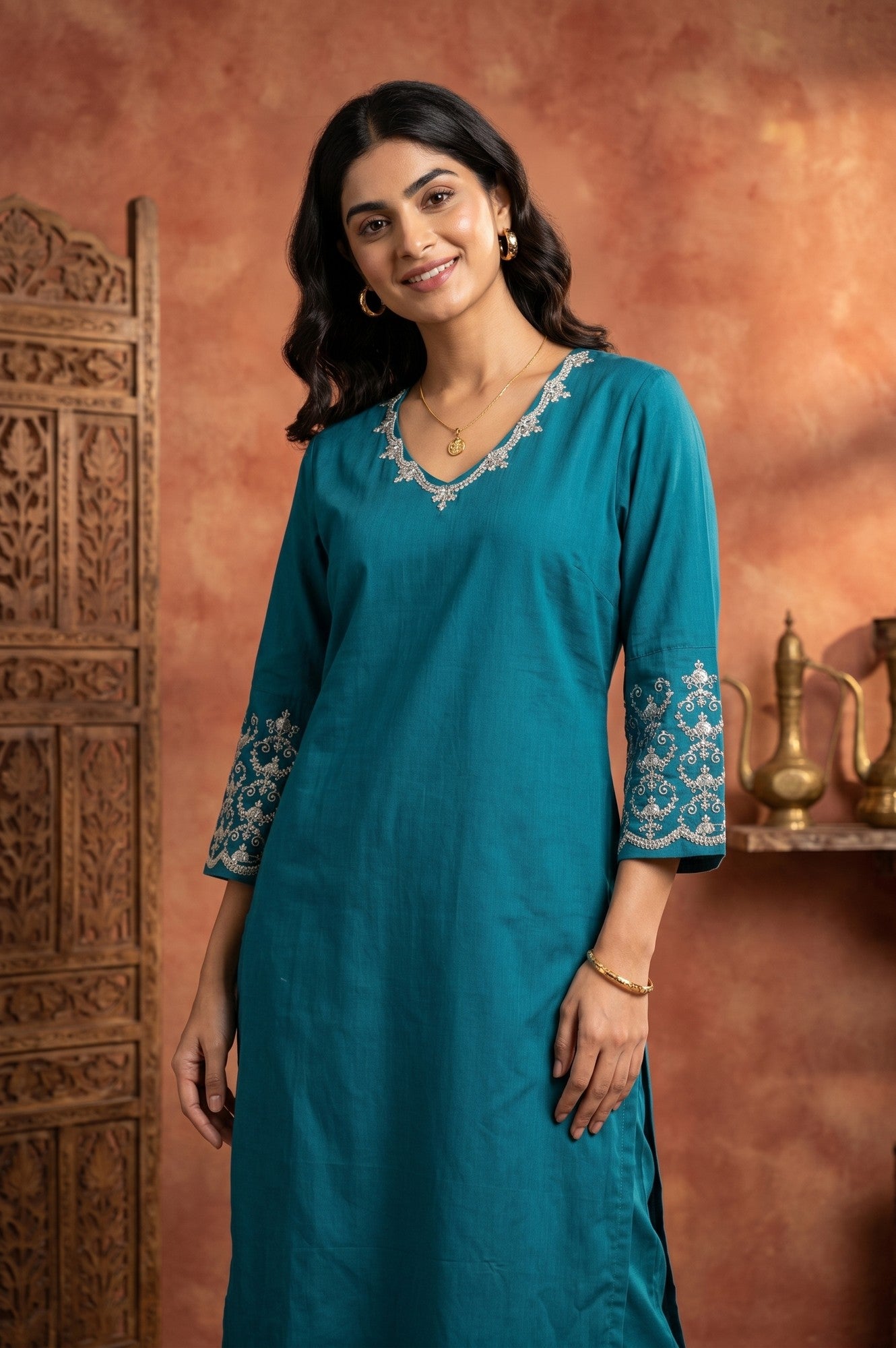 Teal Embroidered Straight Kurta