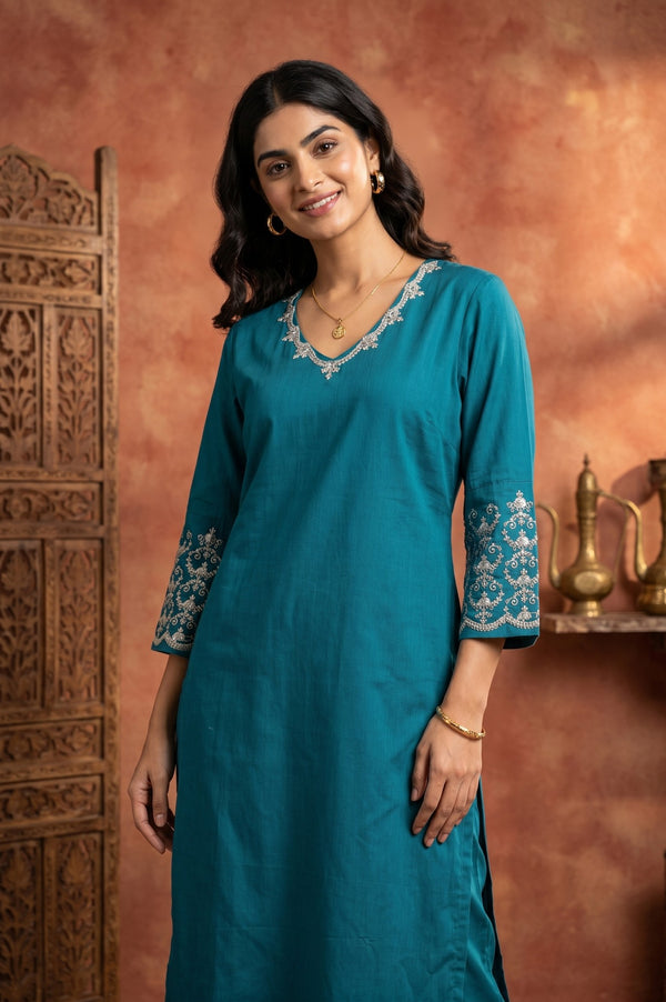 Teal Embroidered Straight Kurta