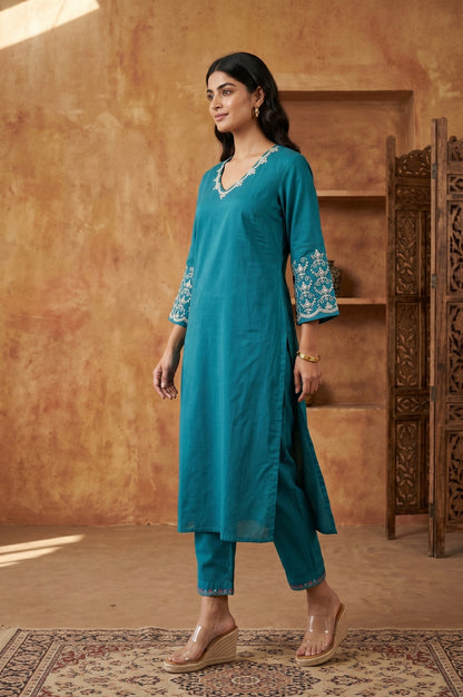 Teal Embroidered Straight Kurta