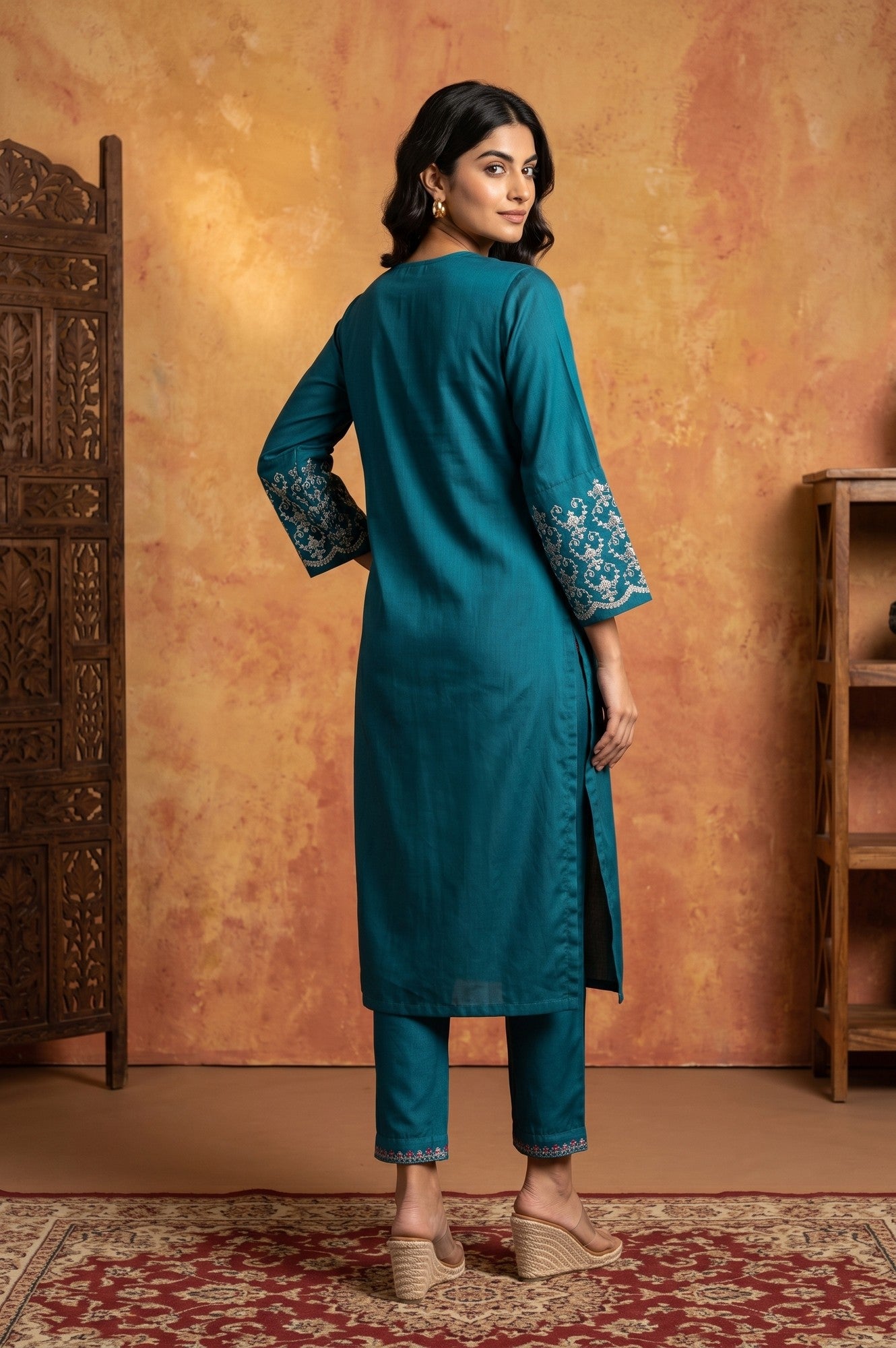 Teal Embroidered Straight Kurta