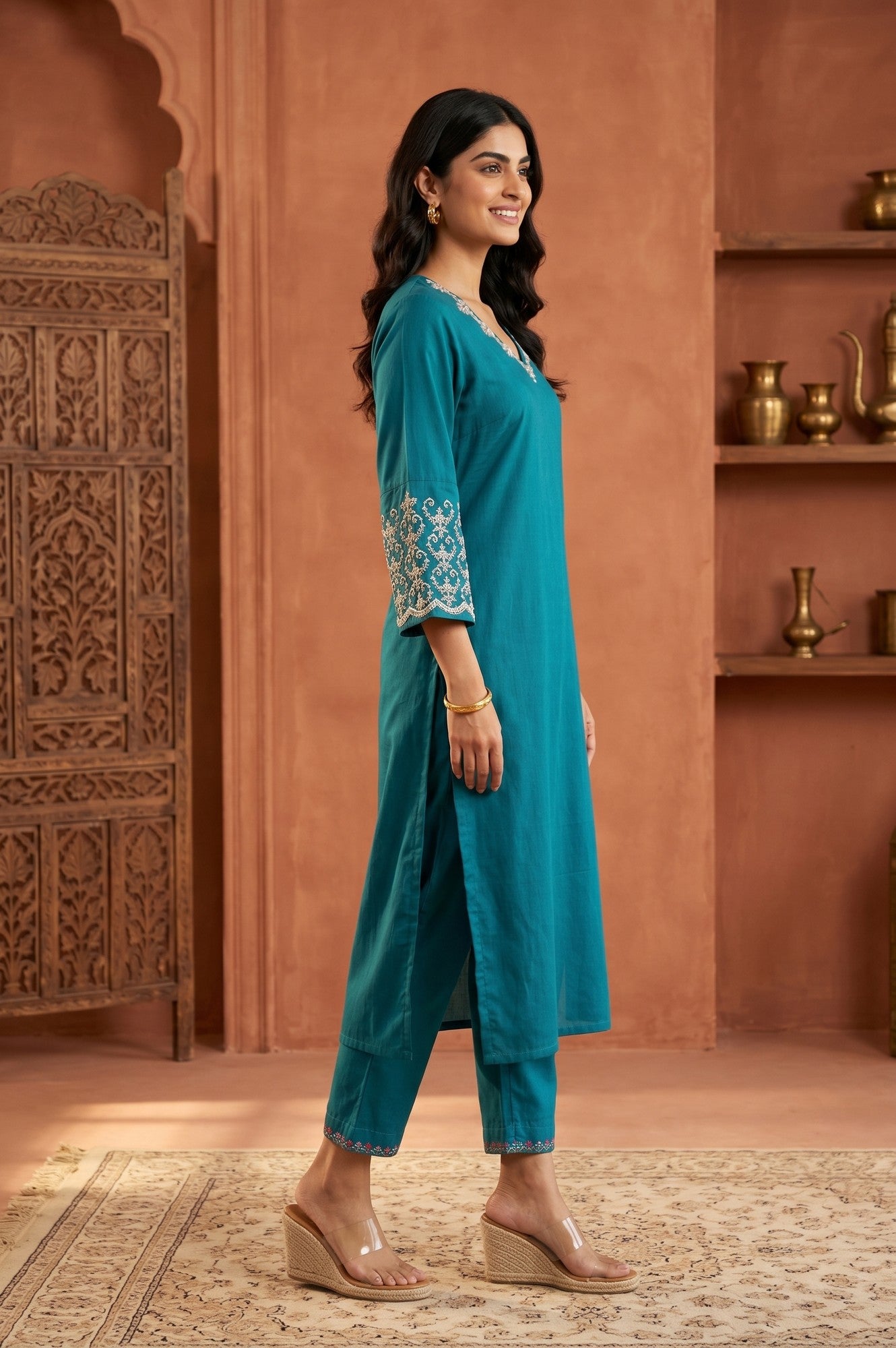 Teal Embroidered Straight Kurta
