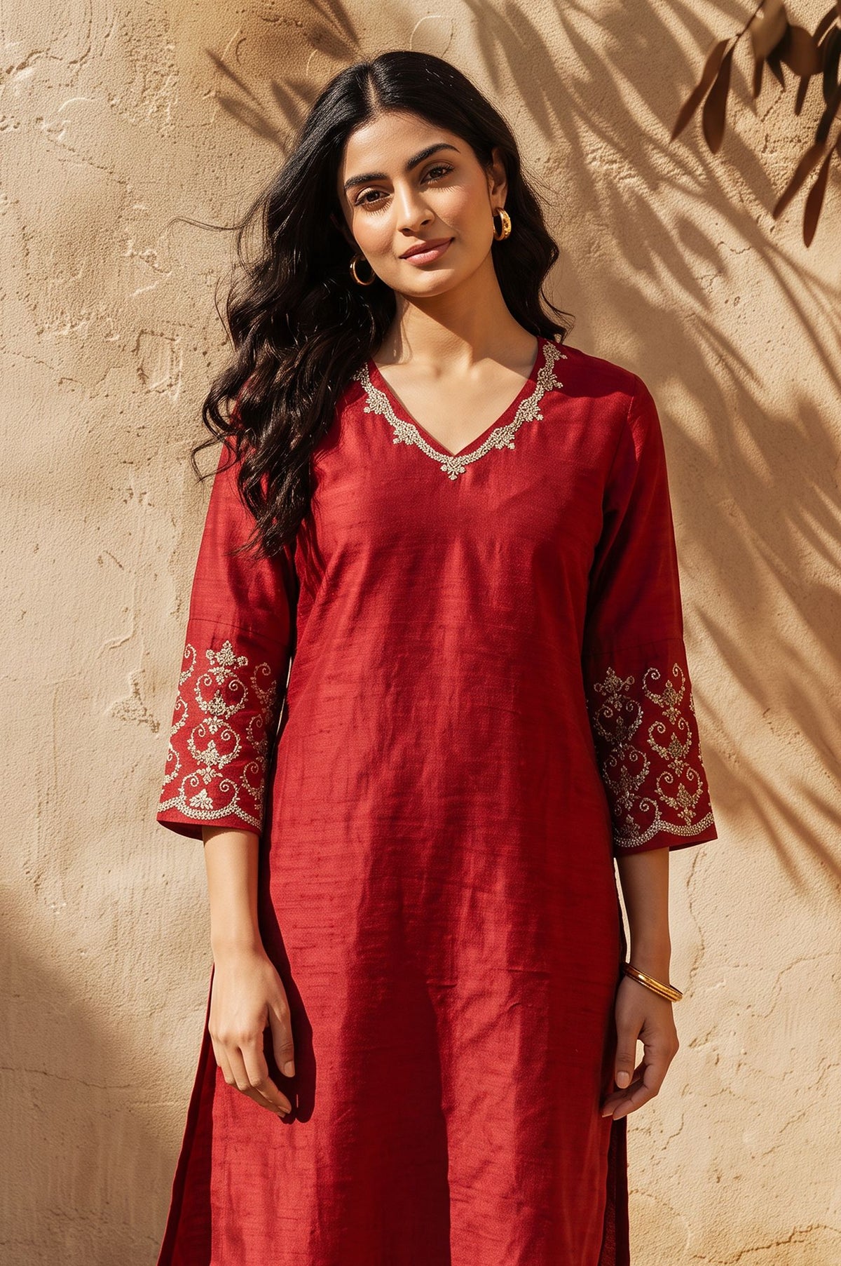 Maroon Embroidered Sequin Straight Kurta