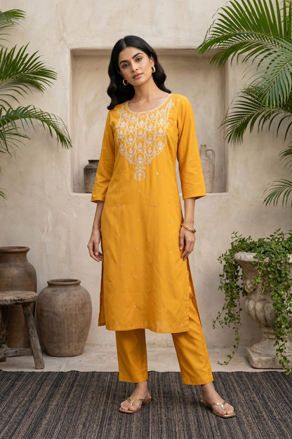 Mustard Embroidered Straight Kurta