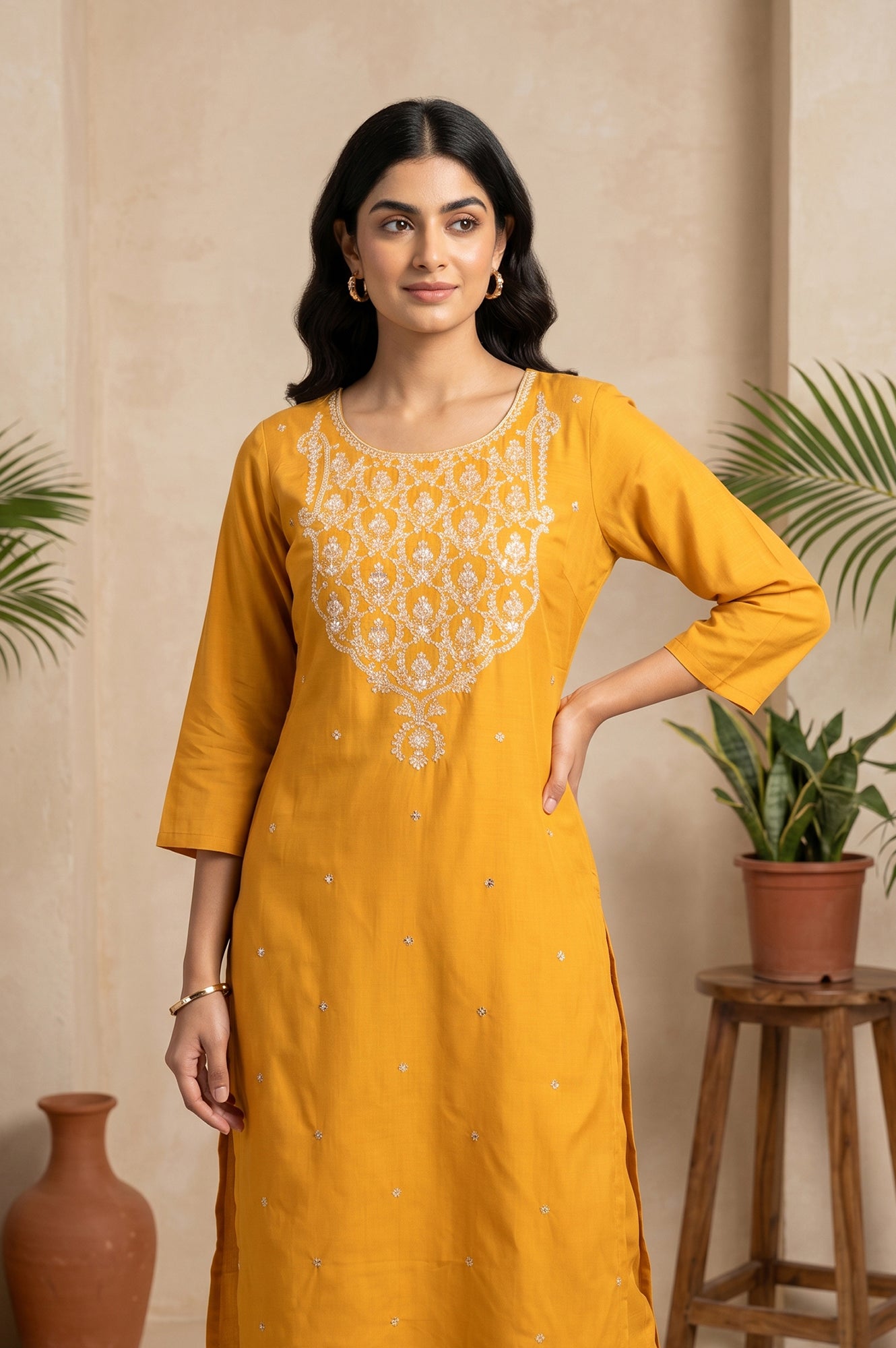 Mustard Embroidered Straight Kurta