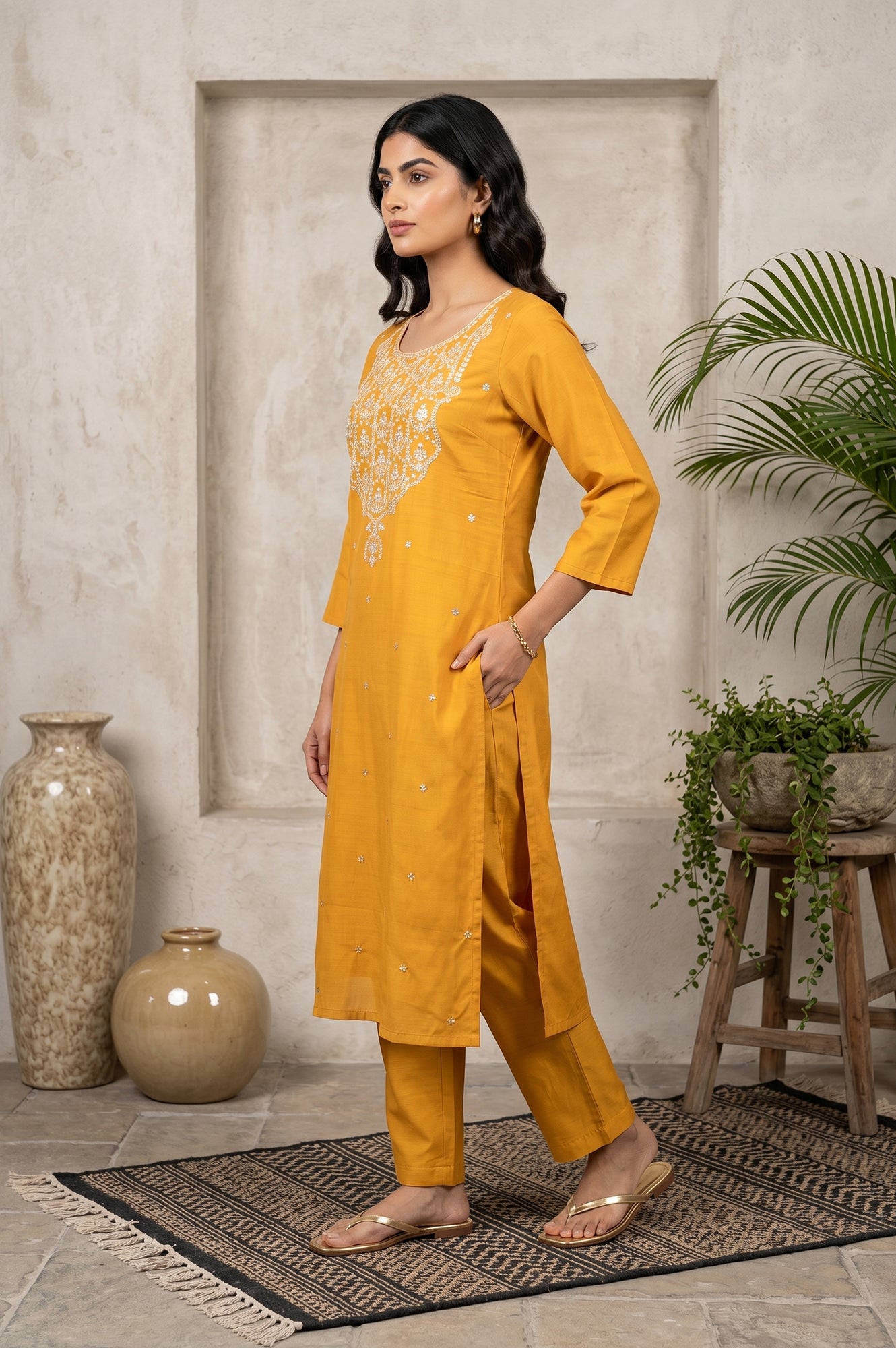 Mustard Embroidered Straight Kurta
