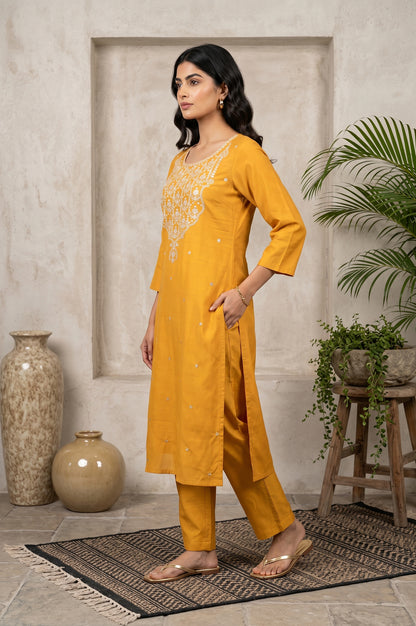 Mustard Embroidered Straight Kurta