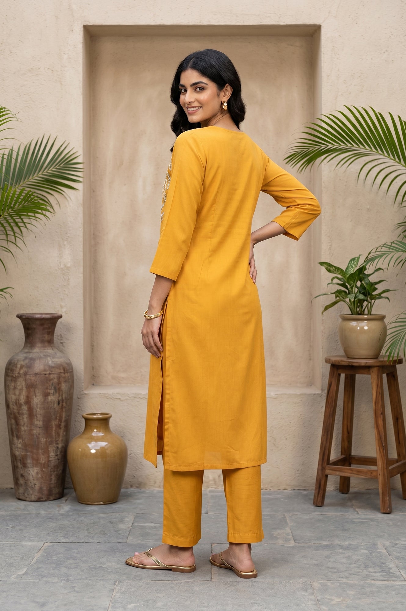 Mustard Embroidered Straight Kurta