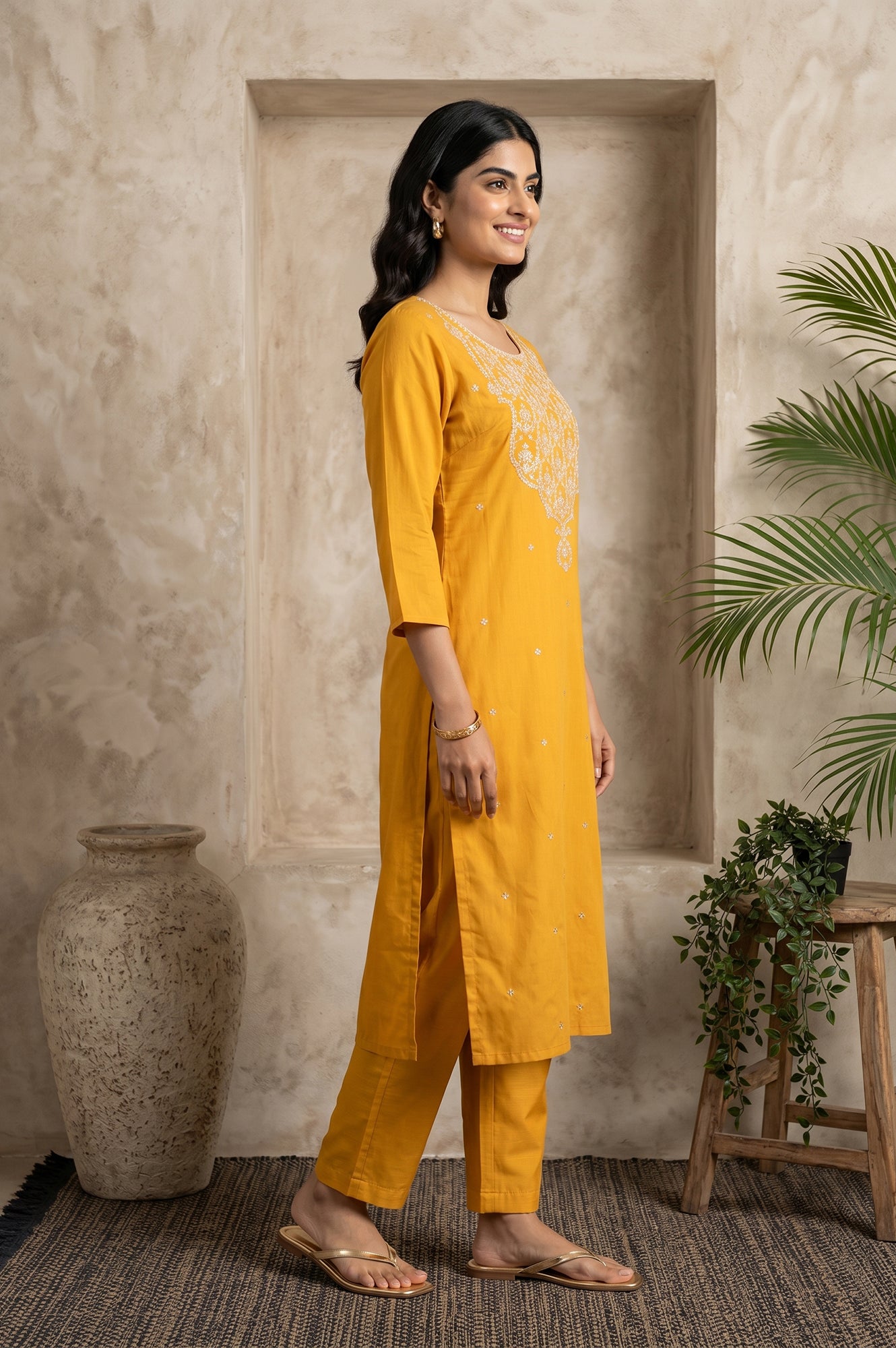 Mustard Embroidered Straight Kurta