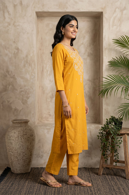 Mustard Embroidered Straight Kurta