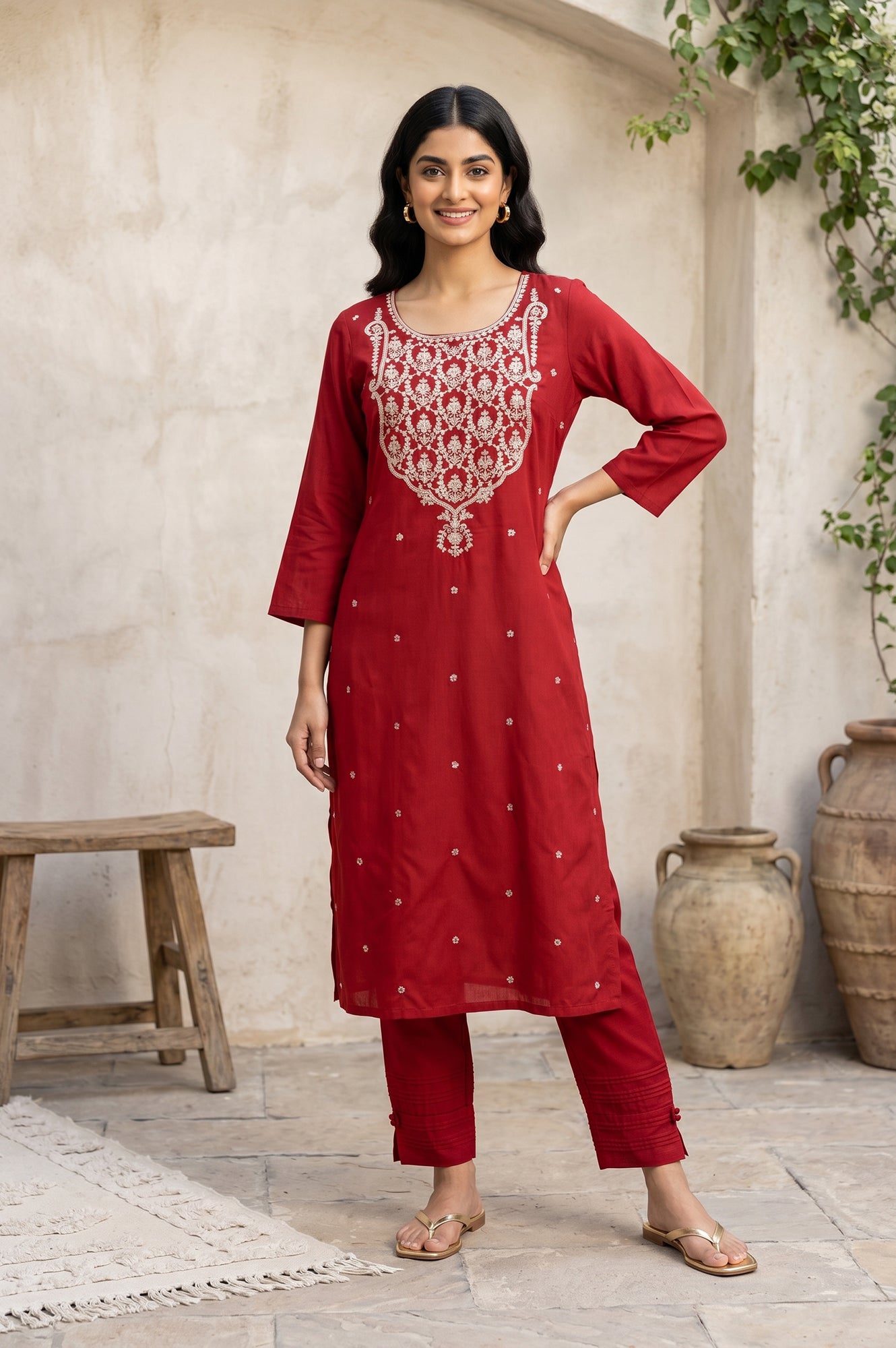 Maroon Embroidered Straight Kurta