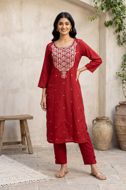 Maroon Embroidered Straight Kurta