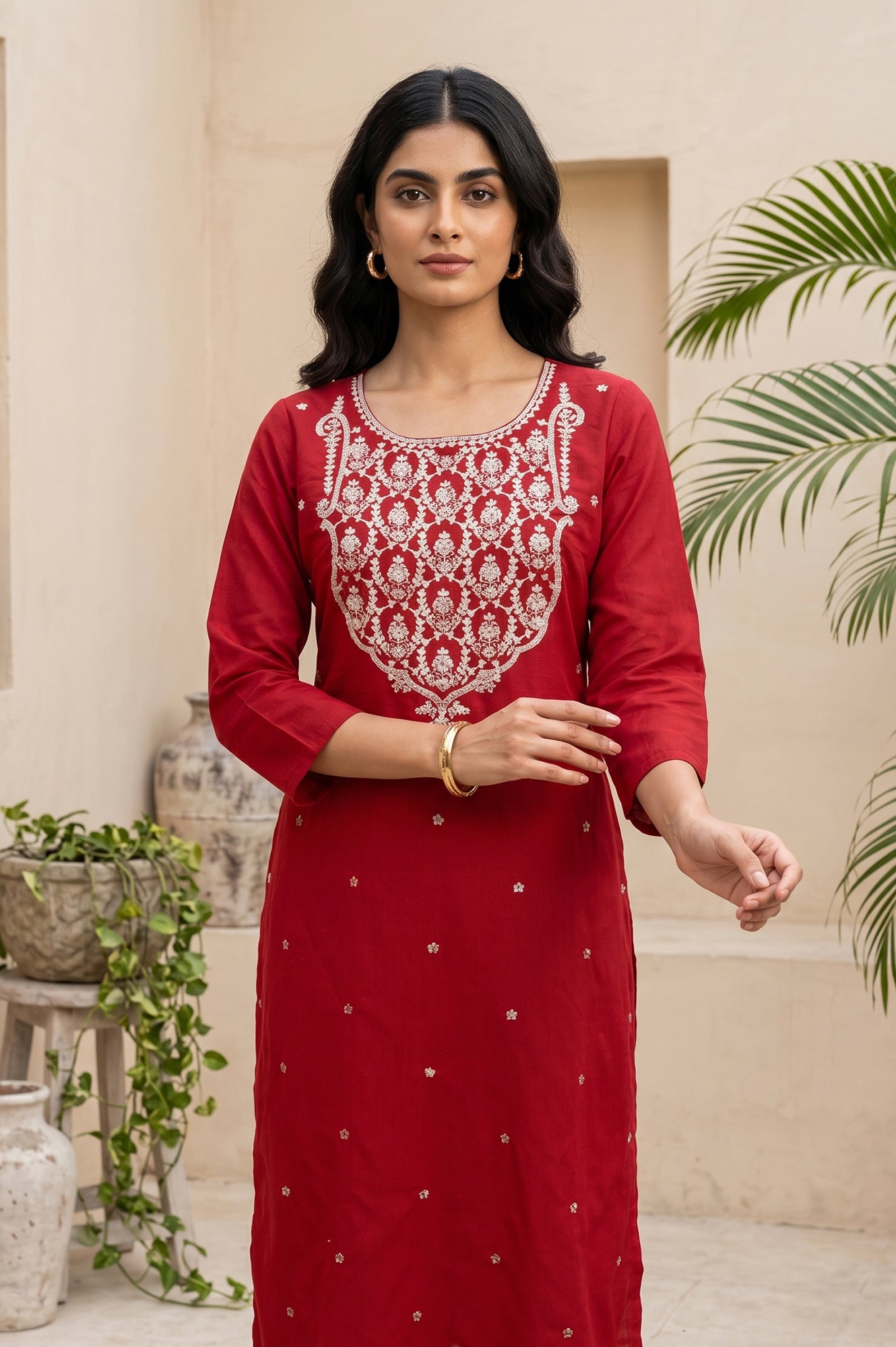 Maroon Embroidered Straight Kurta