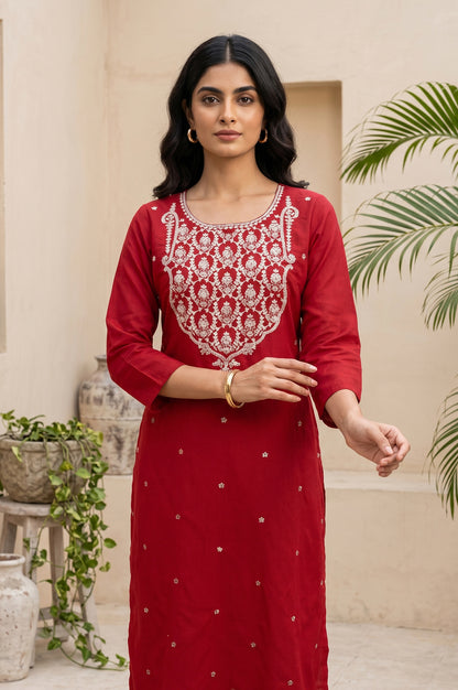 Maroon Embroidered Straight Kurta