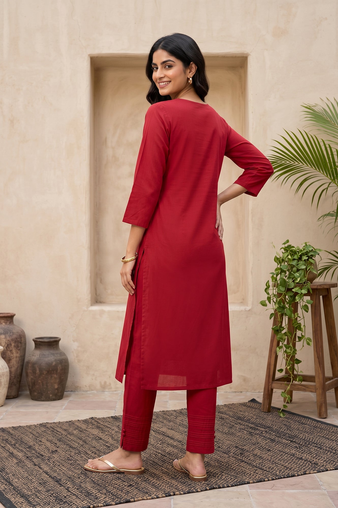 Maroon Embroidered Straight Kurta