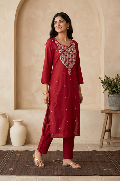 Maroon Embroidered Straight Kurta