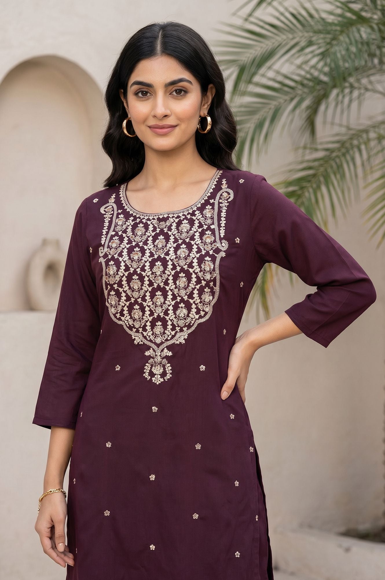 Burgundy Embroidered Straight Kurta