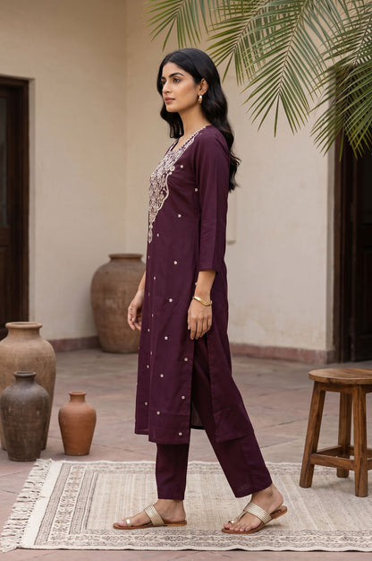 Burgundy Embroidered Straight Kurta