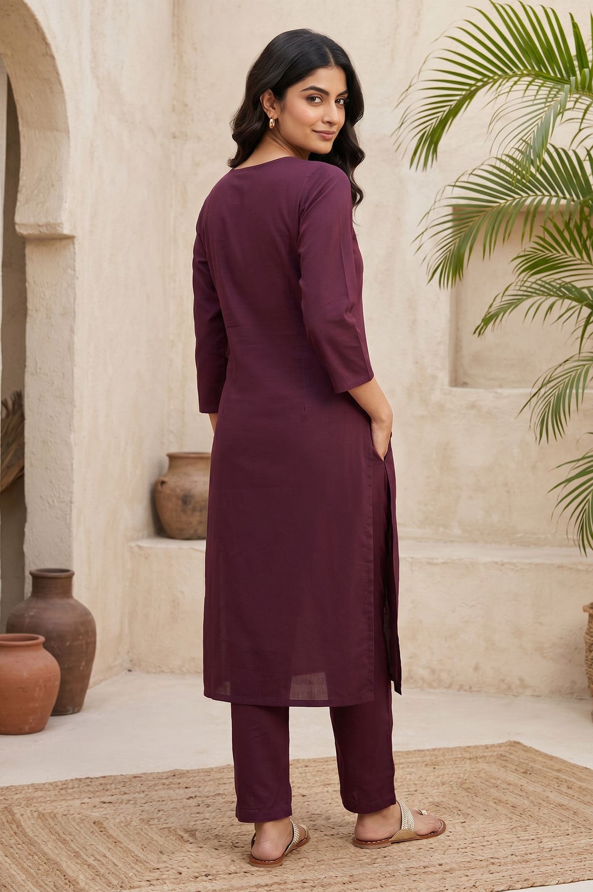 Burgundy Embroidered Straight Kurta