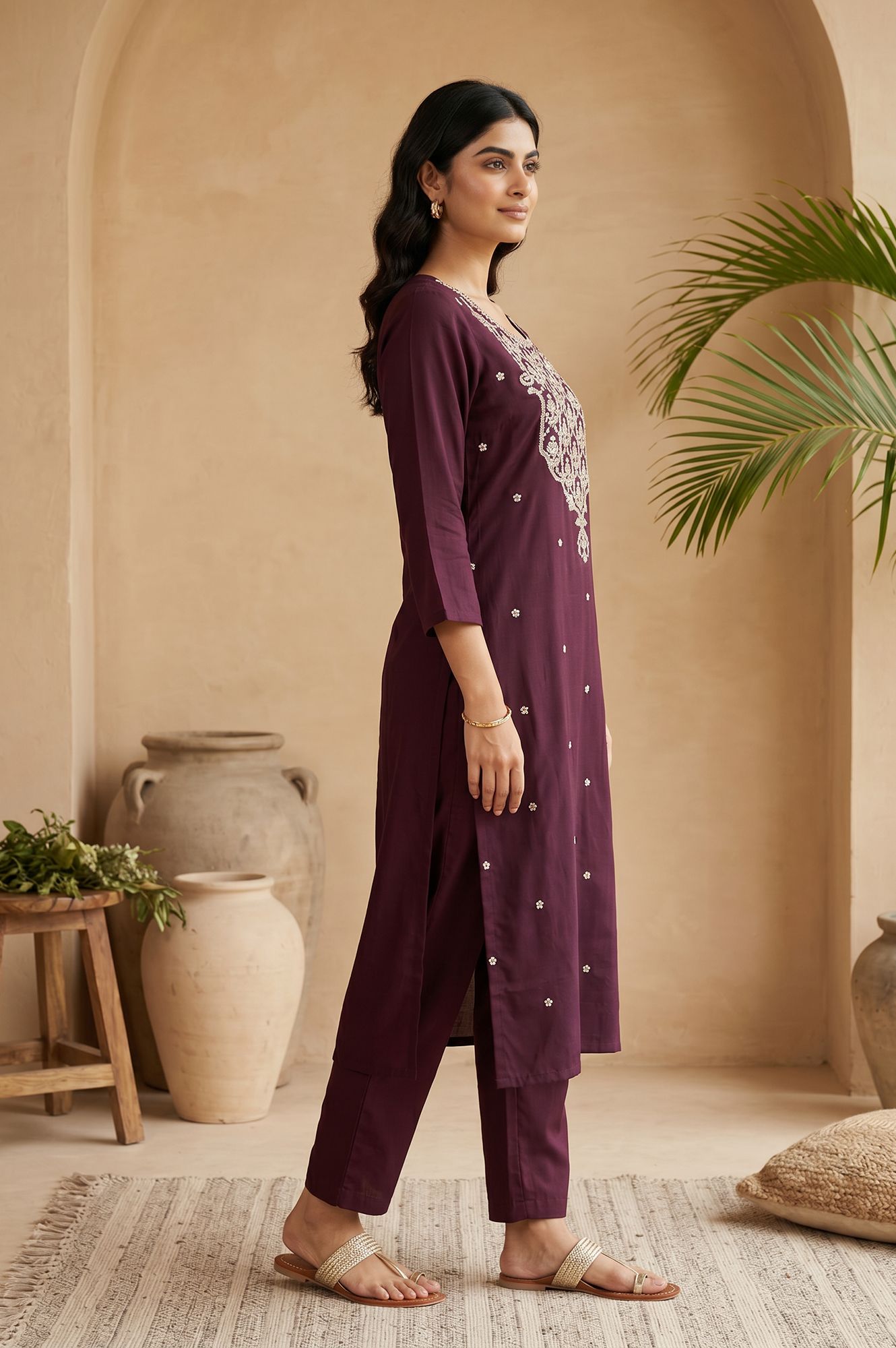 Burgundy Embroidered Straight Kurta