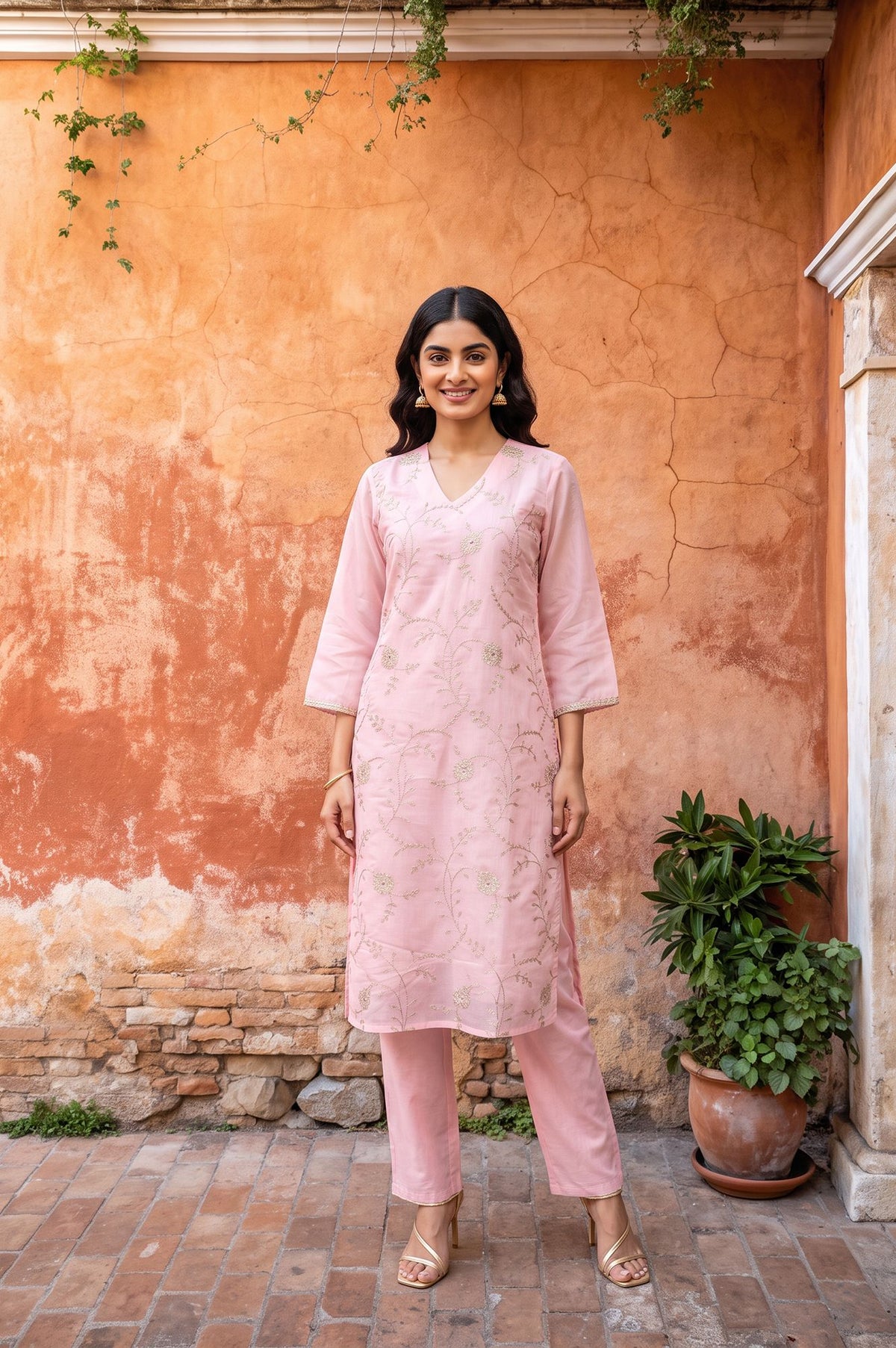 Pink Zari Embroidered Chanderi Straight Kurta