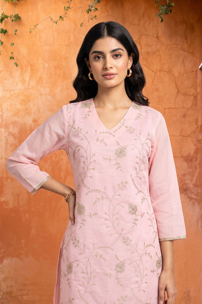 Pink Zari Embroidered Chanderi Straight Kurta