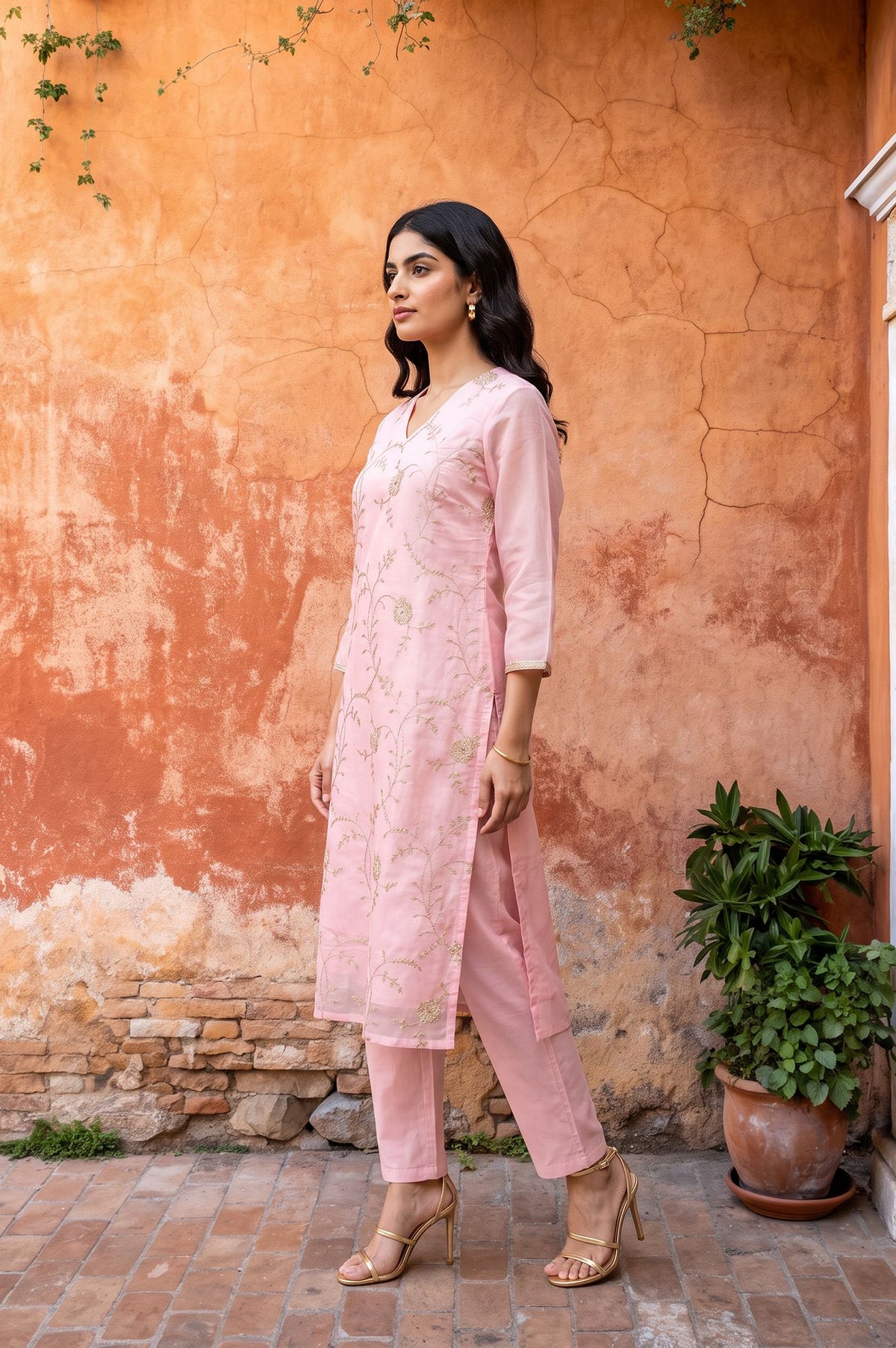Pink Zari Embroidered Chanderi Straight Kurta