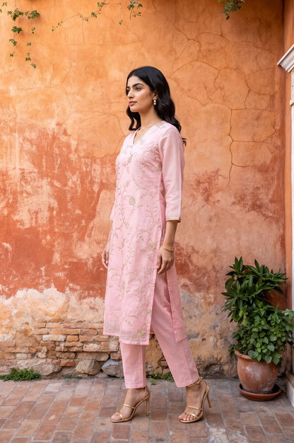 Pink Zari Embroidered Chanderi Straight Kurta