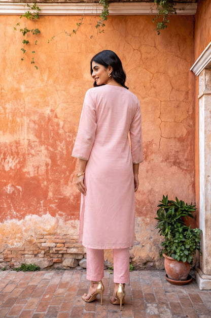 Pink Zari Embroidered Chanderi Straight Kurta