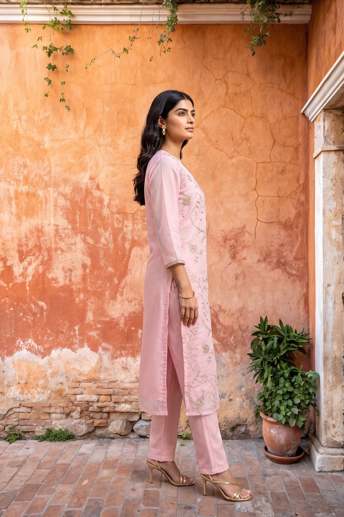 Pink Zari Embroidered Chanderi Straight Kurta
