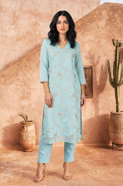 Turquoise Blue Zari Embroidered Chanderi Straight Kurta