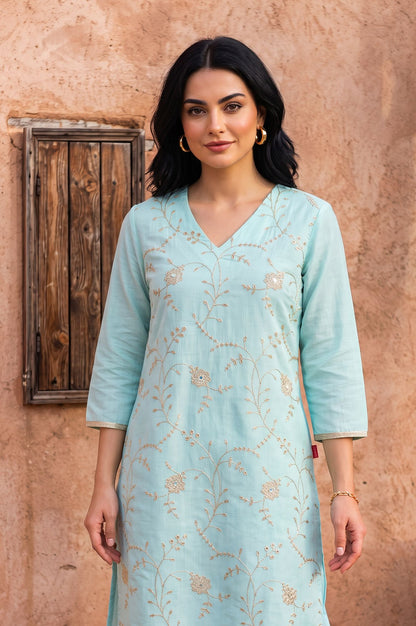 Turquoise Blue Zari Embroidered Chanderi Straight Kurta