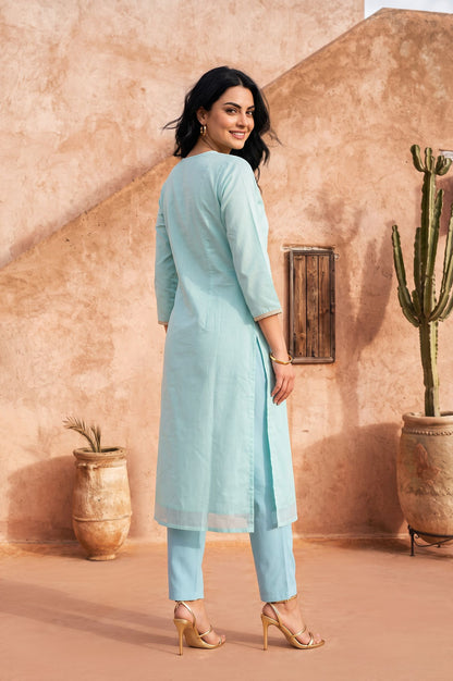 Turquoise Blue Zari Embroidered Chanderi Straight Kurta