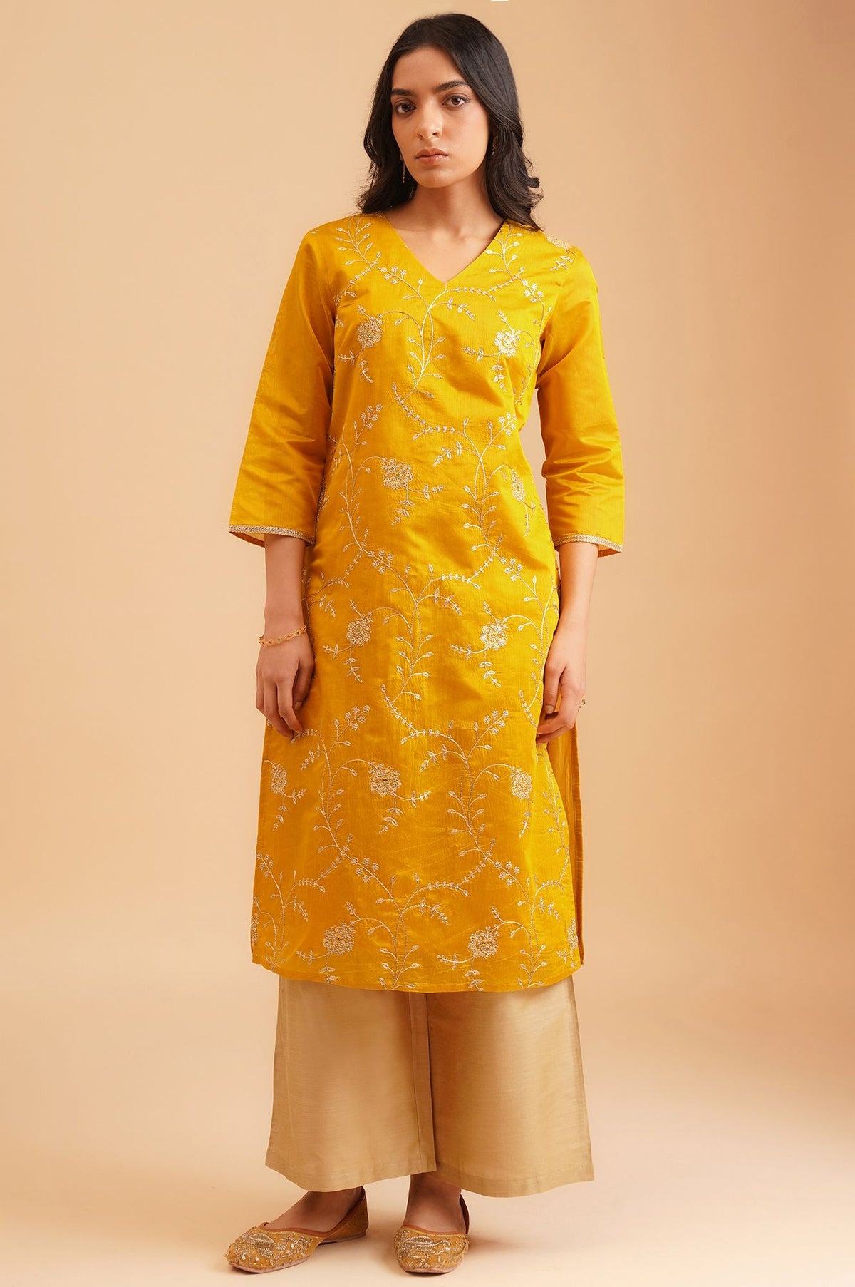 Yellow Zari Embroidered Chanderi Straight Kurta