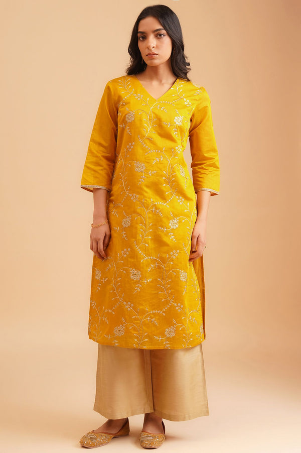 Yellow Zari Embroidered Chanderi Straight Kurta