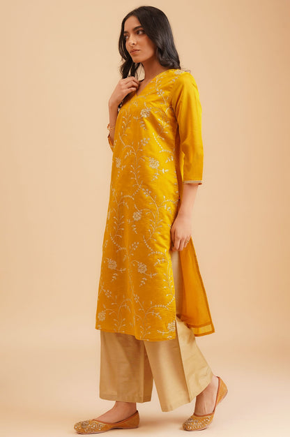 Yellow Zari Embroidered Chanderi Straight Kurta