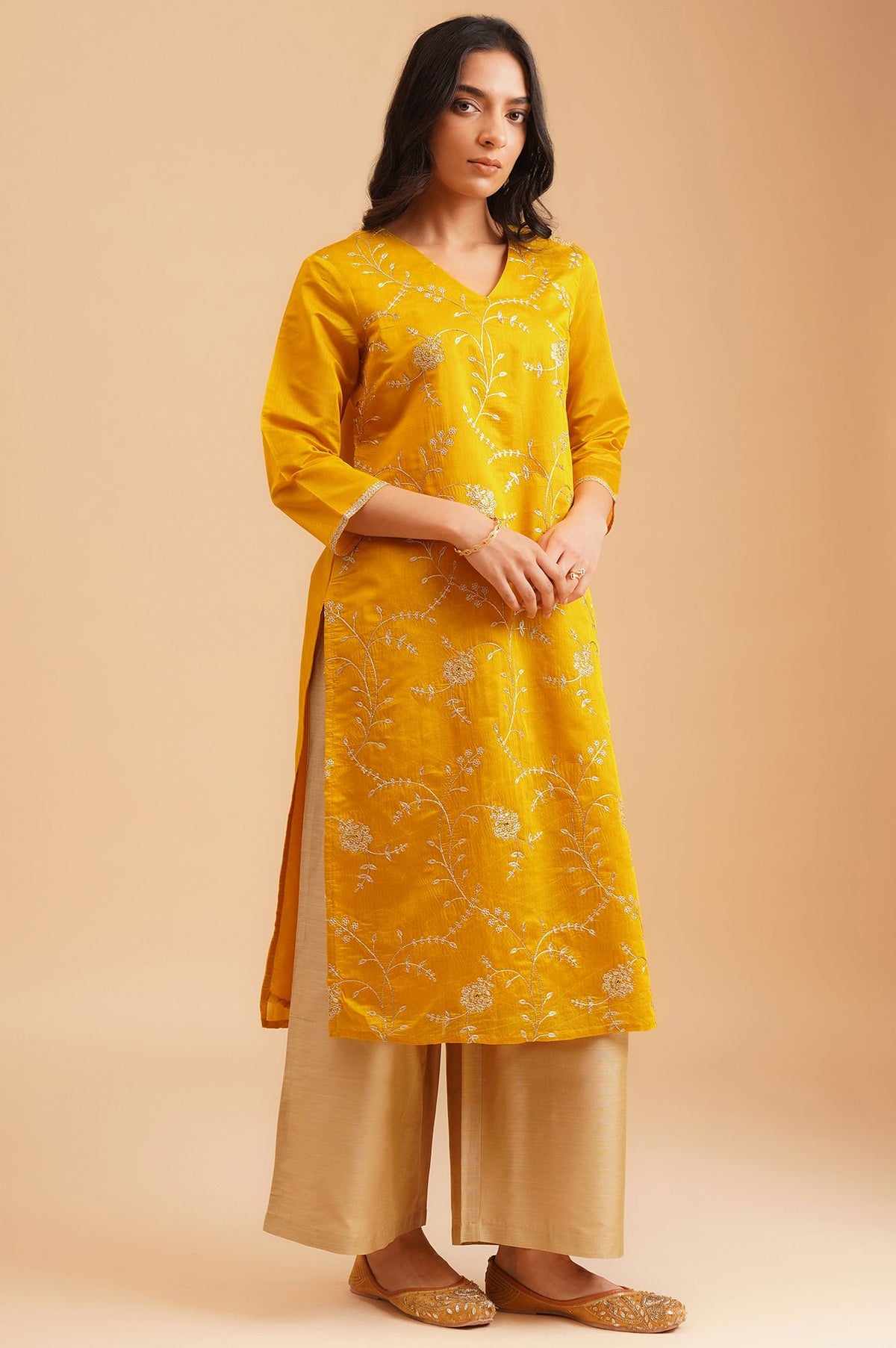 Yellow Zari Embroidered Chanderi Straight Kurta
