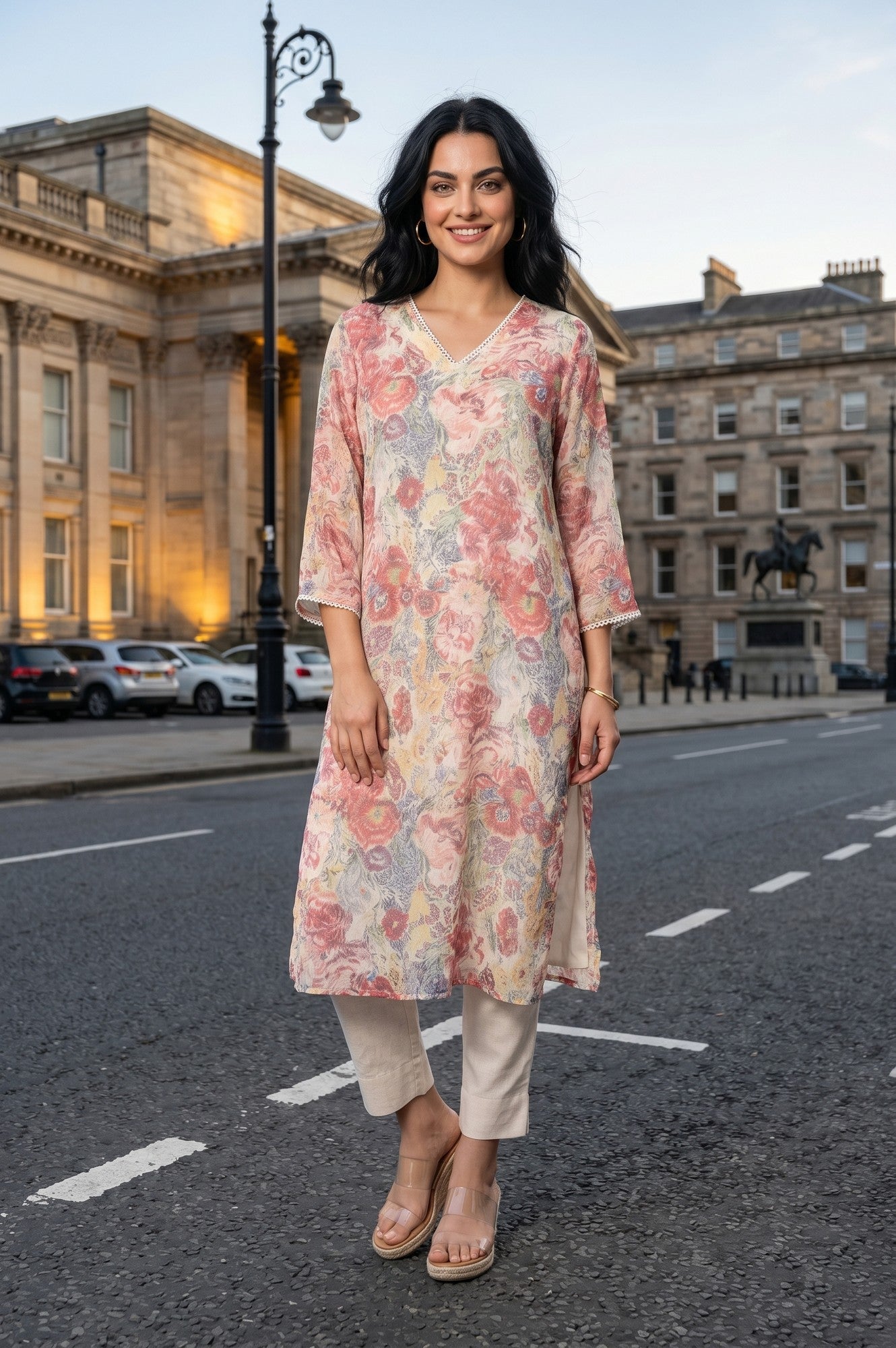Multicolor Floral Printed Chiffon Straight Kurta