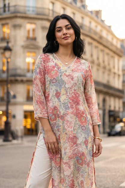Multicolor Floral Printed Chiffon Straight Kurta