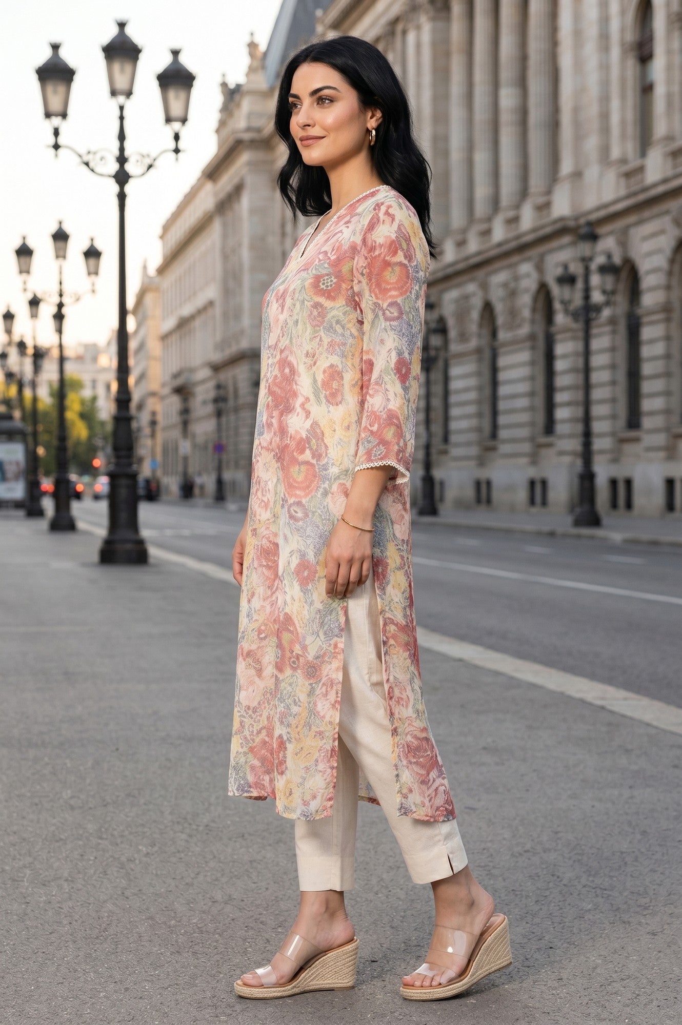 Multicolor Floral Printed Chiffon Straight Kurta
