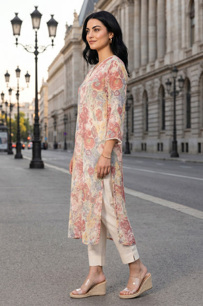 Multicolor Floral Printed Chiffon Straight Kurta