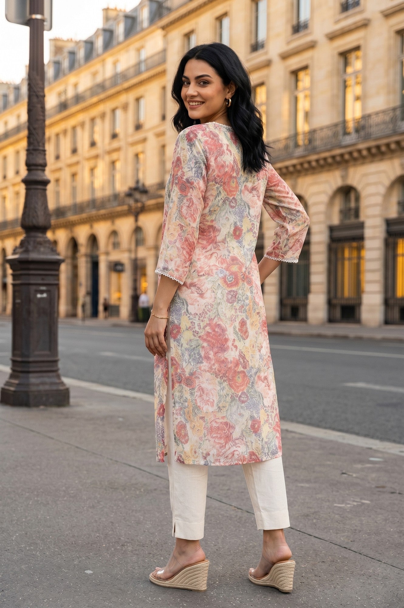 Multicolor Floral Printed Chiffon Straight Kurta