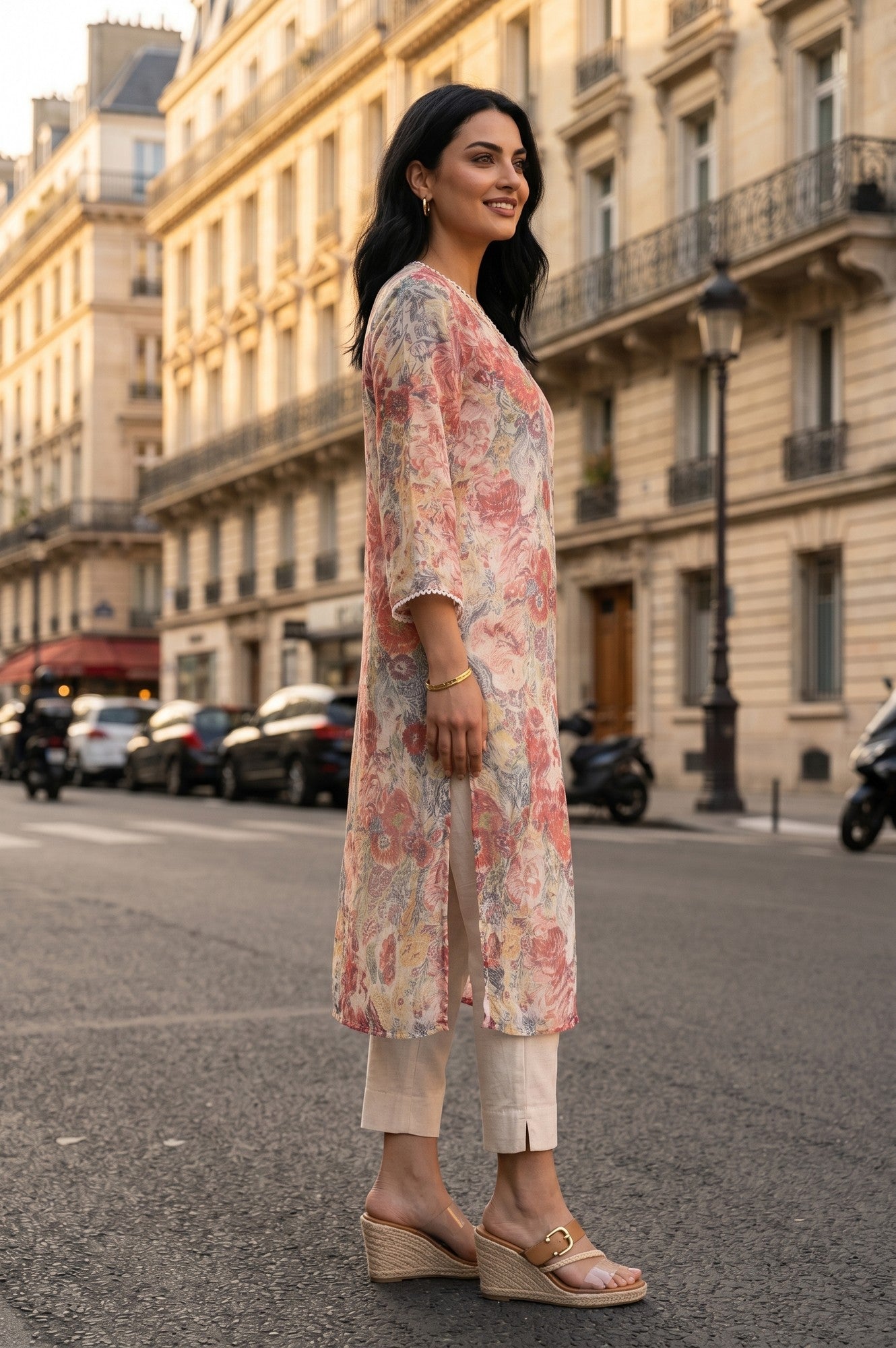 Multicolor Floral Printed Chiffon Straight Kurta