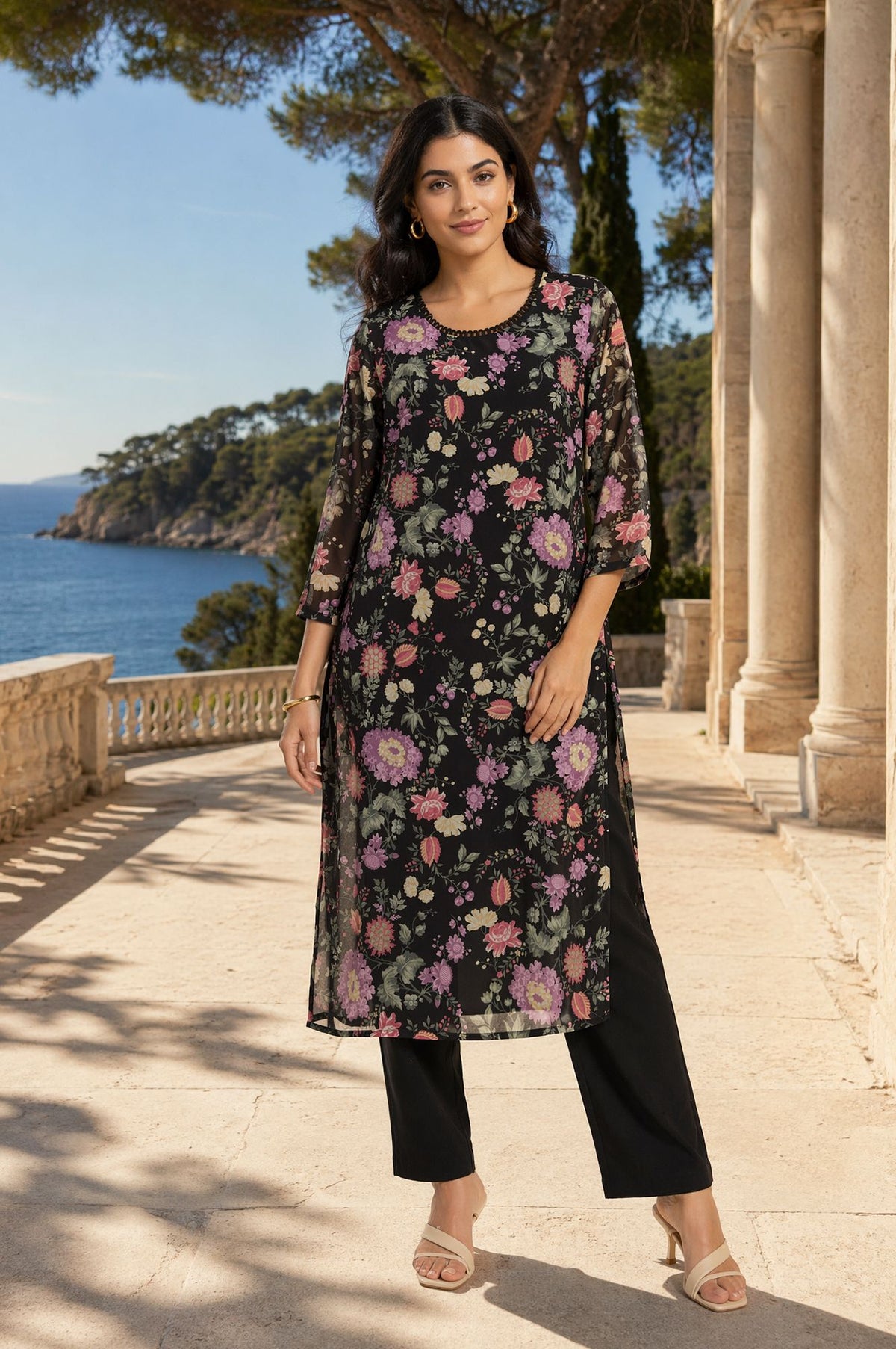 Black Floral Printed Georgette Straight Kurta