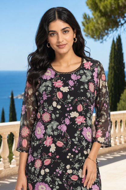 Black Floral Printed Georgette Straight Kurta