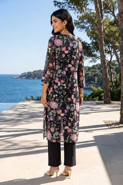 Black Floral Printed Georgette Straight Kurta
