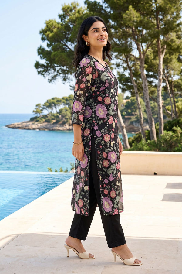 Black Floral Printed Georgette Straight Kurta